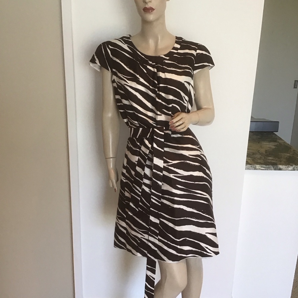 Kate Spade Dorothy Brown White Zebra Animal Print Silk Cutout Shift Dress 8‎
